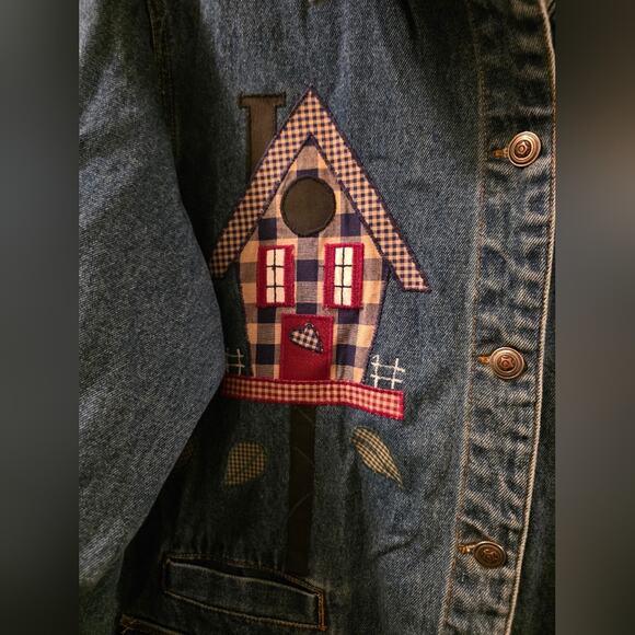 Vtg 90s Corduroy Denim Bird House Heart Embroidered Shacket Chore Coat L - Picture 6 of 9